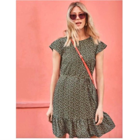 Boden Mini Dress 16 Green Floral Cynthia Ruffled A-Line Belted Plus Size - Picture 2 of 13